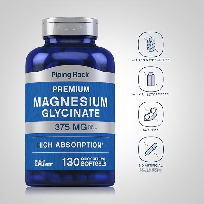 Piping Rock Magnesium Glycinate | 375mg | 130 Count | Premium & High Absorption | Quick Release Softgels | Non-GMO & Gluten Free Formula