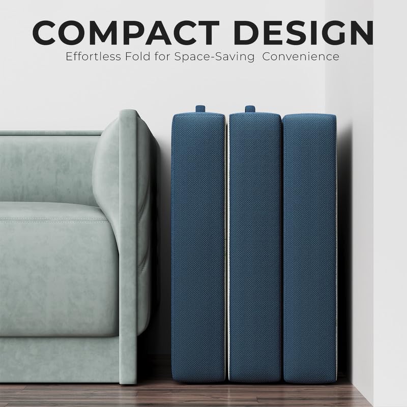 Cozzzi Trifold Foldable Mattress for Floor and Traveling with Removable Cover - Lightweight and Portable Foldable Mattress for Adults & Kids - Compact and Easy to Storage (75in x 25in x 4in) - size: Single (75in x 25in x 4in), style: Navy