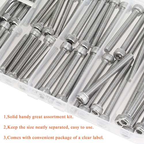 HELIFOUNER 90 Pieces M5 x 30mm /35mm /40mm /45mm /50mm, Hex Socket Head Cap Screws Bolts Washers Nuts Kit with Hex Wrench, 304 Stainless Steel - size: M5 Long Screw Kit (90 PCS)