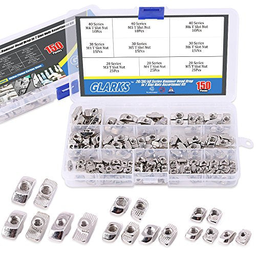 Glarks 150Pcs European M3 M4 M5 M6 Hammer Head Drop in T Nut Slot Assortment Kit for 20/30/40 Series Aluminum Profile - Nickel Plated Carbon Steel - size: Small