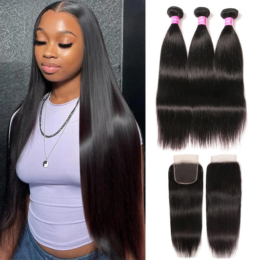 10A Straight Bundles With Closure For Black Women Human Hair Bundles 100% Unprocessed Brazilian Virgin Human Hair 3 Bundles With
