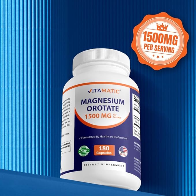 Vitamatic Magnesium Orotate Supplement – 1500mg per Serving, 180 Capsules – Supports Muscle, Nerve and Heart Health - Non-GMO, Gluten Free