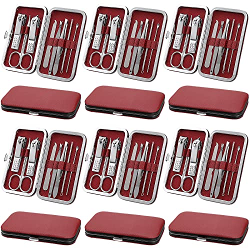 Geosar 12 Sets Manicure Set Nail Clippers Pedicure Kit 8 in 1 Grooming Stainless Steel Kits Nail Care Tools with Travel Case for Employee Coworker Teachers Nurse Gifts(Wine Red) - color: Wine Red