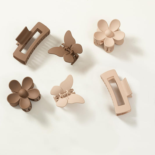 6Pcs Hair Clips For Women, Flower Claw Clips For Thick Hair, Non-Slip Hair Accessories With Multi-Styles, Neutral Colors Hair Cl