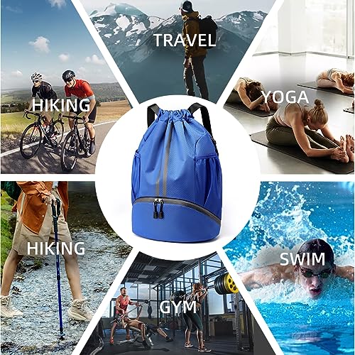 Valleycomfy Sports Drawstring Backpack - Water Resistant String Bag Blue | with Side Mesh Pockets Shoe Compartment Gym Backpack for Women & Men - color: A-blue