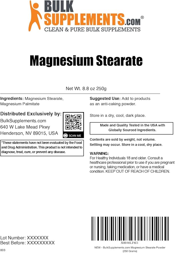 BulkSupplements.com Magnesium Stearate Powder - Anti-Caking, Flowing Agent, & Filler - Magnesium Stearate Food Grade, Servings May Vary - 250g (8.8 oz) (Pack of 1)