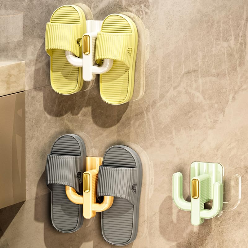 4 Pack Wall Mounted Shoe Rack - Premium Hanging Shoe Organizer Shelf with Sticky Hanging Mounts, Door Shoe Hangers with Hooks for Slippers Storage, White & Green