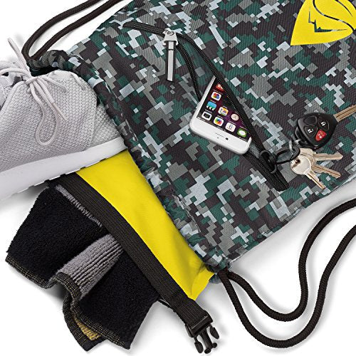 Skog Å Kust GymSak | Patented 2-in-1 Drawstring Cinch Bag with Removable Waterproof Dry Bag | Camo & Yellow - color: Digicamo