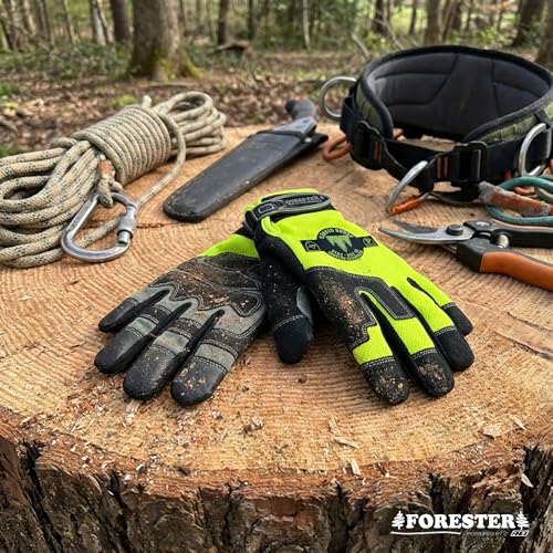 FORESTER Hi-Vis Rope Climbing Gloves | Anti-Slip Arborist Gloves for Tree Climbing, Chainsaw Safety | Cut Level 4 Protection
