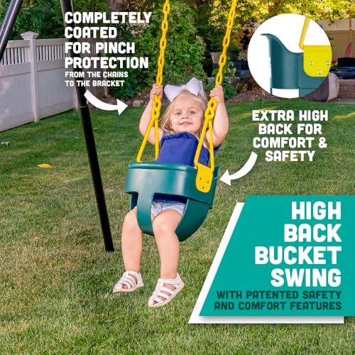 Premium High Back Full Bucket Toddler Swing Seat with Finger Grip, Plastic Coated Chains and Carabiners for Easy Install - Green - Squirrel Products - color: Green