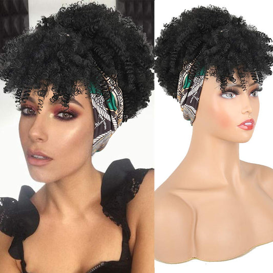 Aisaide Curly Wigs For Black Women Short Afro Kinky Curly Headbands For Wigs,Curly Synthetic Black Wig With Bangs Wrap Wig With