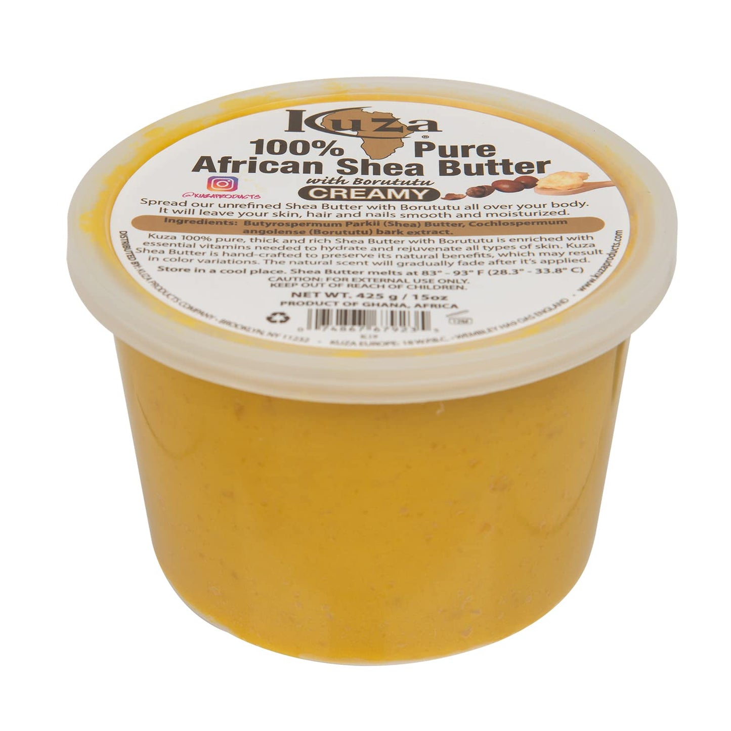 Kuza 100% Pure African Shea Butter with Borututu, Yellow Creamy - 15oz. - Moisturizer for Hair, Skin & Nails