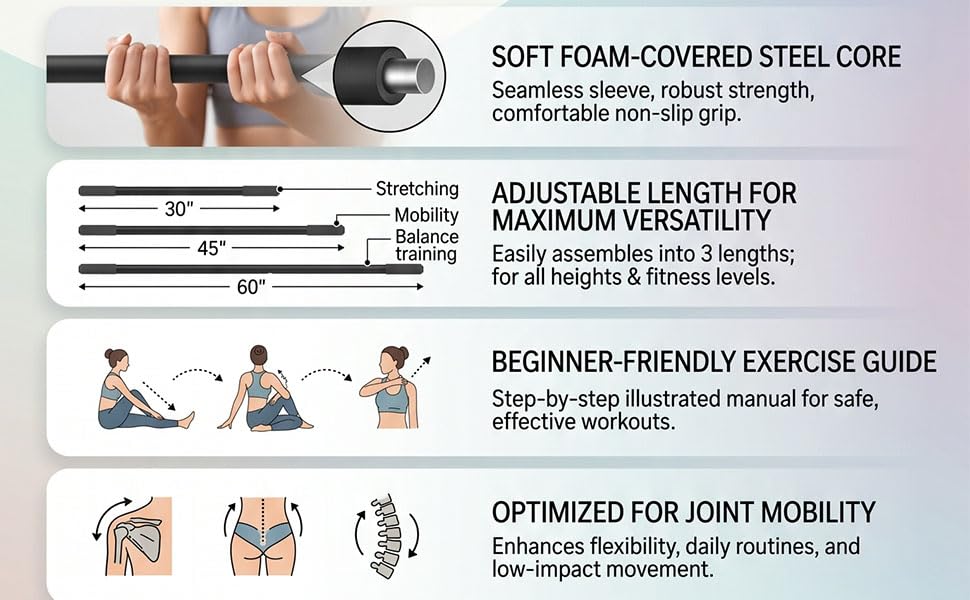 Semme Adjustable Yoga Stick Exercise Bar Stretching Mobility Pole with 3 Lengths 30 45 60 Inches Full Foam Sleeve for Home Gym Pilates Flexibility Training