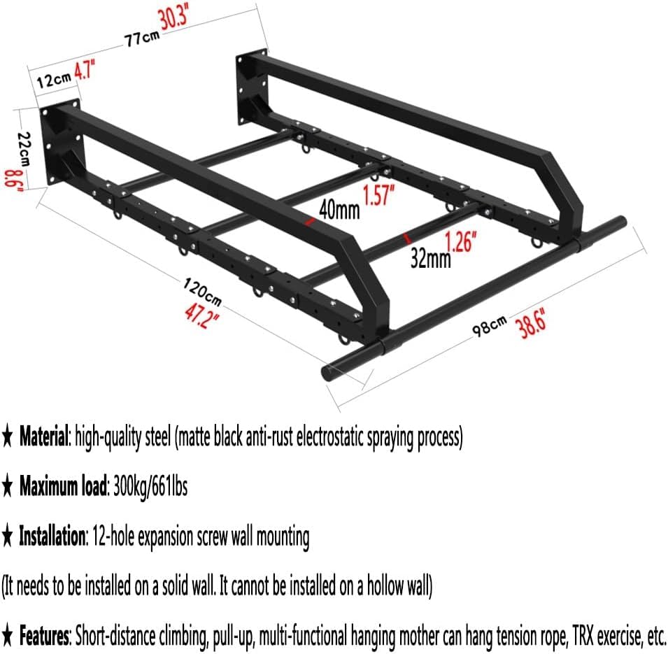 Wall Mounted Large Depth Single and Double Bar Pull-Up Climbing Frame, Exercise Children's Swing Ring Frame, Multi-Functional Strength, Load-Bearing 300 Kg