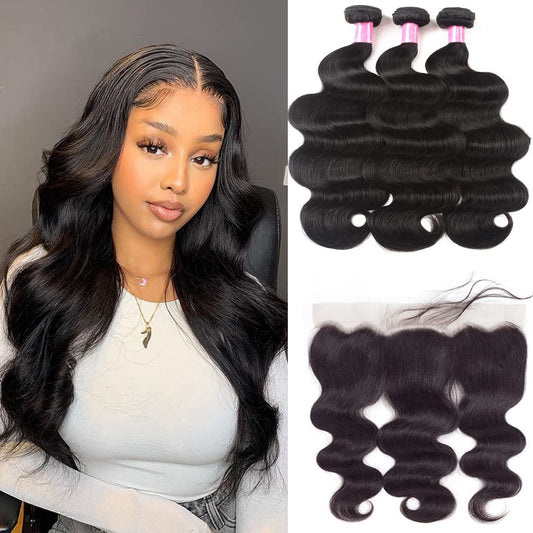 Body Wave Bundles With Lace Frontal (18 20 22+16 Frontal) Human Hair 3 Bundles With 13X4 Lace Closure Frontal 100% Unprocessed B