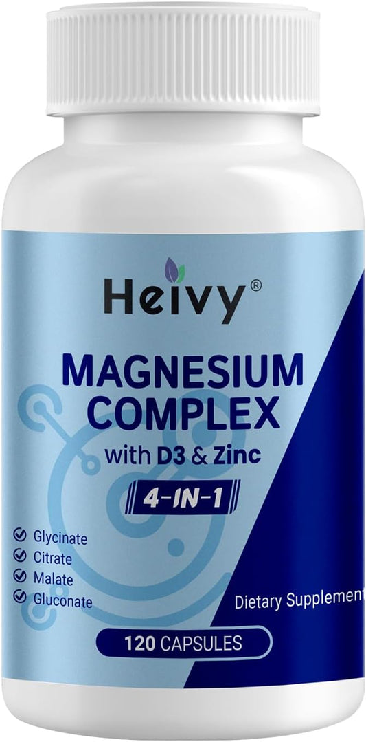 Magnesium Complex with D3 and Zinc - 4-in-1 Magnesium Glycinate, Citrate, Malate & Gluconate - Supplment for Muscle, Heart, Nerve & Bone Support - 120 Capsules