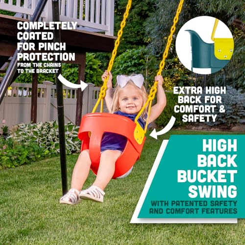 Premium High Back Full Bucket Toddler Swing Seat with Finger Grip, Plastic Coated Chains and Carabiners for Easy Install - Red - Squirrel Products - color: Red