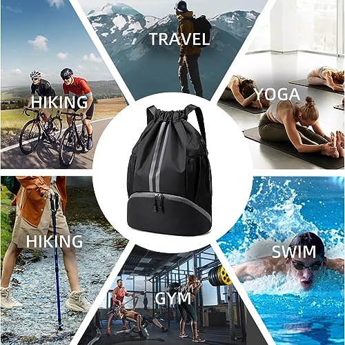 Valleycomfy Sports Drawstring Backpack - Water Resistant String Bag Black | with Side Mesh Pockets Shoe Compartment Gym Backpack for Women & Men - color: A-black
