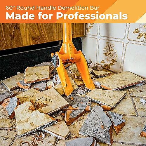 60” Demolition Pry Bar & Crowbar – Round Handle Wrecking Bar for Ceiling & Wall Demo – Heavy Duty Nail Puller Tool for Contractors, Firefighters & Home Renovations - size: 60" Round