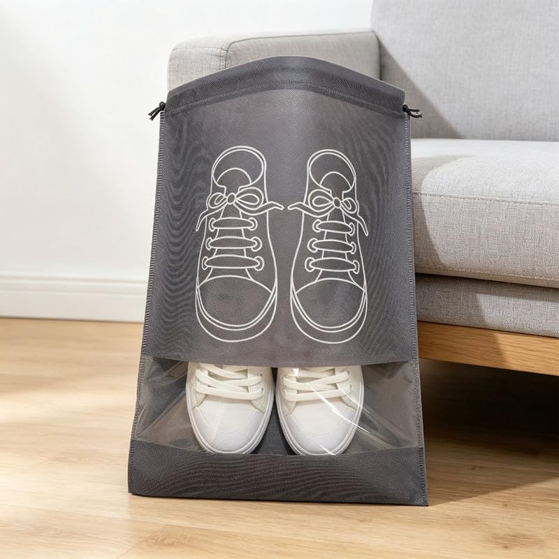 5 Pack Drawstring Shoe Bags with Clear Window, 44x32cm Large Non-Woven Fabric Travel Pouches, Breathable Dustproof Storage Bags for Shoes Clothes Toiletries, Home Gym Travel Use - Gray