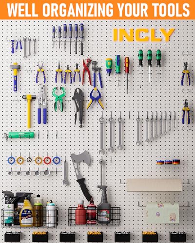 INCLY 238PCS Pegboard Accessories Organizer Kit, Peg Board Hooks Assortment with Peg Bins, Baskets, Paper Towel Holder for 1/8 and 1/4 inch Pegboard Hanging Tools, Garage Wall Storage Attachments | Peg Board Hooks Assortment, Paper Towel Holder, 1/8 and 1