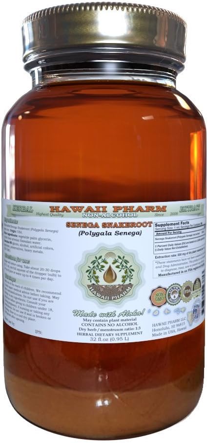 Senega Snakeroot Alcohol-Free Liquid Extract, Senega Snakeroot (Polygala Senega) Dried Root Glycerite Natural Herbal Supplement, Hawaii Pharm, USA 32 fl.oz