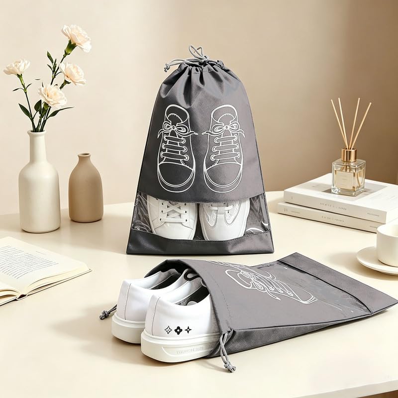 5 Pack Drawstring Shoe Bags with Clear Window, 44x32cm Large Non-Woven Fabric Travel Pouches, Breathable Dustproof Storage Bags for Shoes Clothes Toiletries, Home Gym Travel Use - Gray