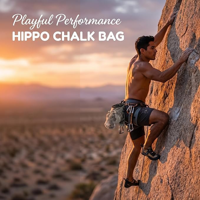 Fluffy Hippo Magnesium Chalk Pouch, Drawstring Sealed Climbing Bag with Adjustable Strap, Portable Bouldering Gear Novelty Gift for Rock Climbers