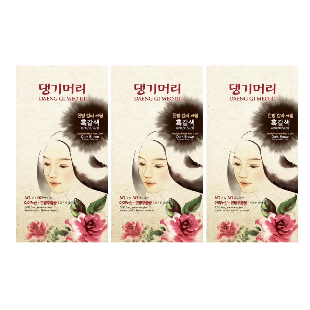 Daeng Gi Meo Ri - Korean Herbal Hair Dye Color Cream [Dark Brown] (3 Pack) - Ppd-Free Gray Coverage, Hair Protection, High-Kerat