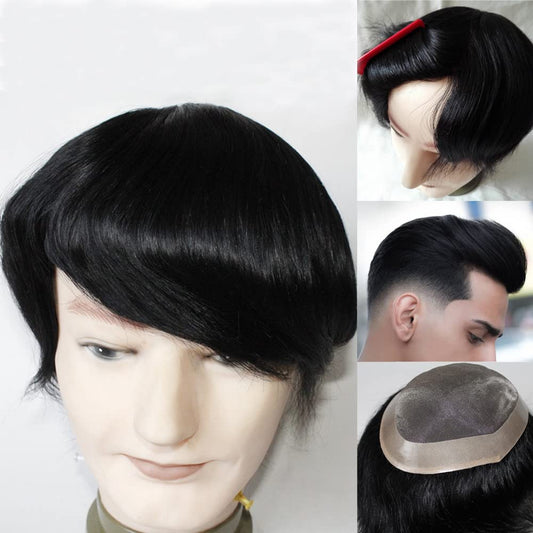 Lumeng Wigs For Men Hairpiece Mono Lace With Pu Reinforce Around 100% Human Hair Mens Toupee Lace Systems 8X10 Inch 1# Jet Black