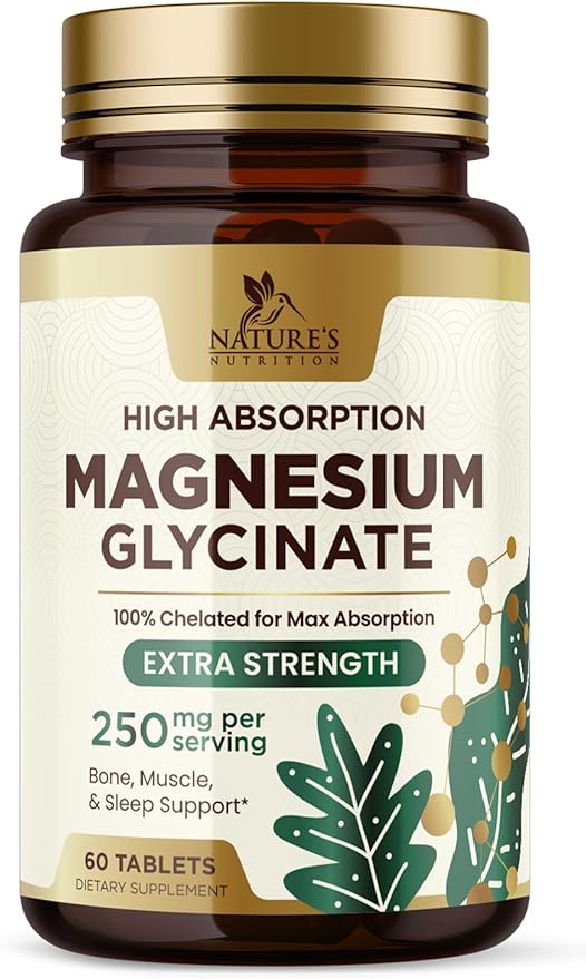 Magnesium Glycinate 250 mg, 100% Chelated Magnesium Supplement - High Absorption Magnesium for Muscle, Heart, Bone and Nerve Health Support, Nature's Gluten Free, Vegan, Non-GMO Capsules - 60 Count