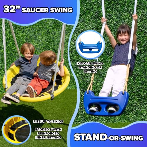Sportspower Taylor 700lbs Galvanized Metal Swing Set for Kids for Backyard & Outdoors with Teeter-Totter, Saucer & Standing Swings, & 5ft Slide, 7.55' D × 13.88' W × 6.07' H, Bonus Anchor Kit