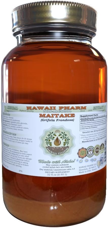 Maitake Alcohol-Free Liquid Extract, Organic Maitake (Grifola Frondosa) Dried Mushroom Glycerite Natural Herbal Supplement, Hawaii Pharm, USA 32 oz Unfiltered