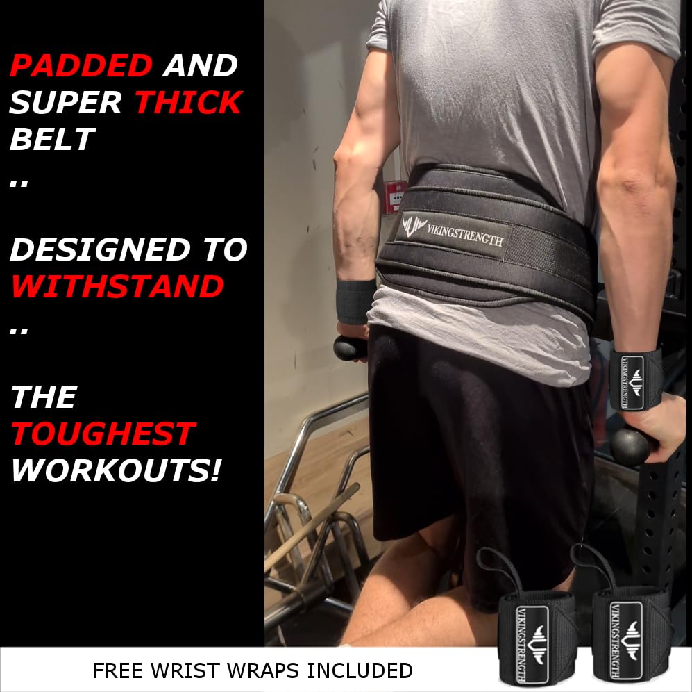 Vikingstrength Dip Belt for Weight Lifting Including Wrist Wraps. Premium Padded Dips Belt with Long Chain for Pullups Triceps Weighted belt for Workout Powerlifting + V-Strength Workout App