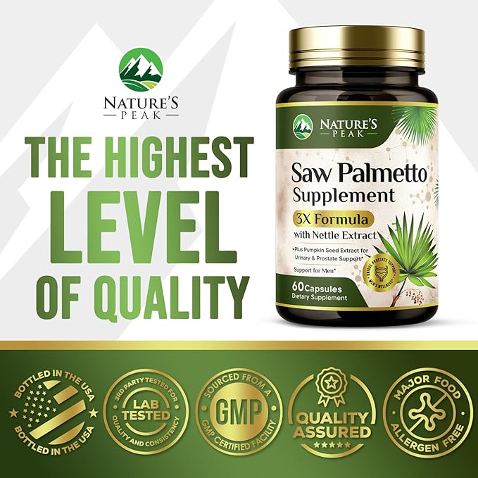 Saw Palmetto for Men Prostate Supplement - Potent 3X Formula with Stinging Nettle + Pumpkin Seed Extract for Men's Health, Herbal Prostate Supplement for Urinary Support, Bottled in USA, 60 Capsules