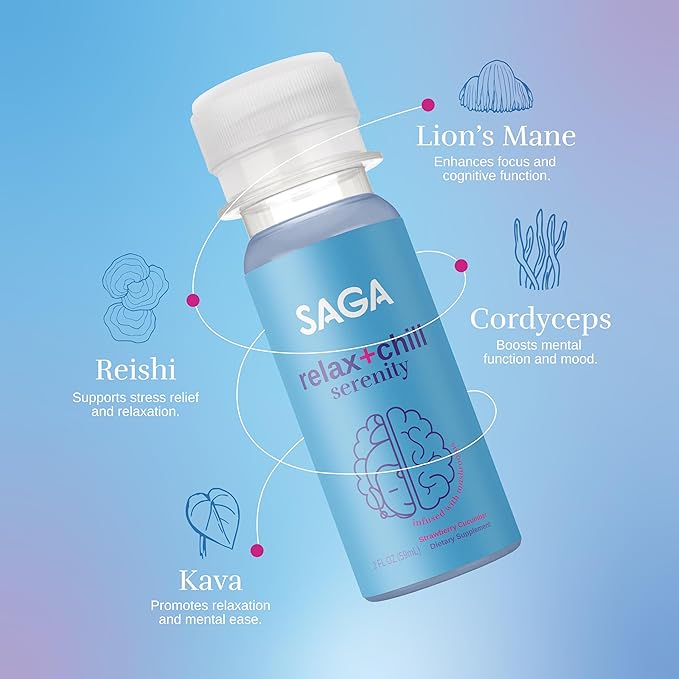 SAGA Organic Relaxation Shots | Contains Adaptogens & Mushrooms - Lion's Mane & Kava | High Bioavailability & Fast Onset | Elevate Mood & Reduce Fatigue | Strawberry Cucumber 2oz Shots (18-Pack)