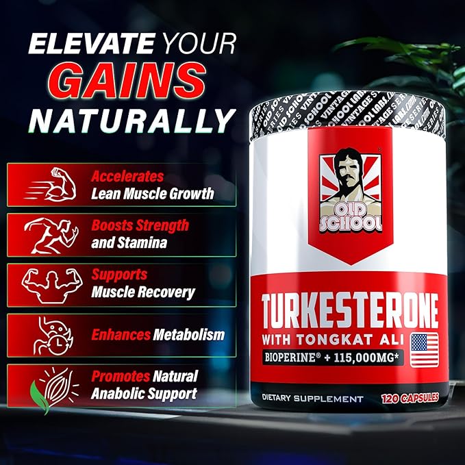 Old School Labs Turkesterone Supplement for Men 15,000mg [Max Potency] + BioPerine® for High Absorption - Tongkat Ali for Men - Increase Muscle Growth & Recovery, Drive & Stamina - USA Made - 120 Caps