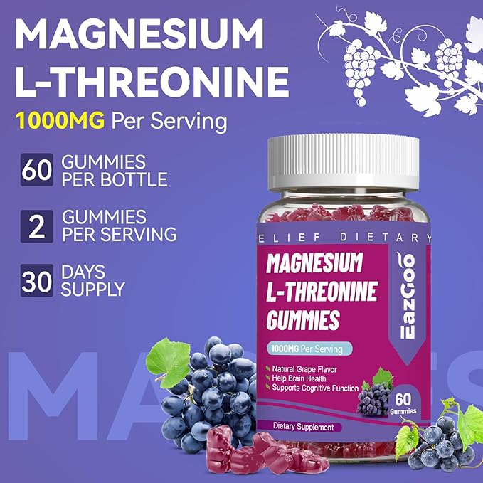 Magnesium Threonine Gummies 1000mg, L-Threonine Gummies for Adults, Best Magnesium Supplements for Brain, Non-GMO, Gluten Free, Vegan, 120 Grape Magnesium Gummies