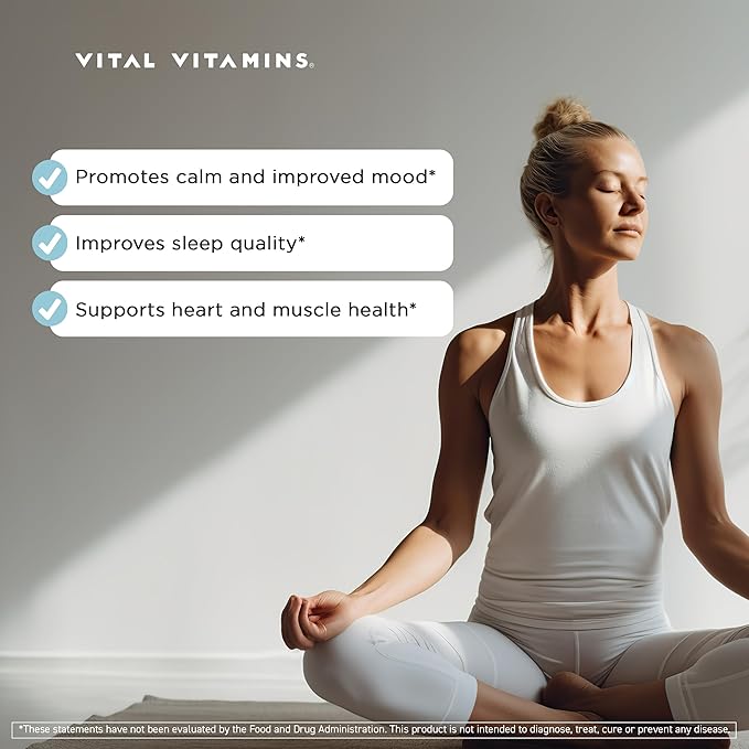 Vital Vitamins Magnesium Glycinate 500mg - High Absorption Formula - Promotes Relaxation, Calmness, & Restful Sleep - Pure Magnesium Supplement for Men & Women - 180 Capsules, Vegan, Non-GMO