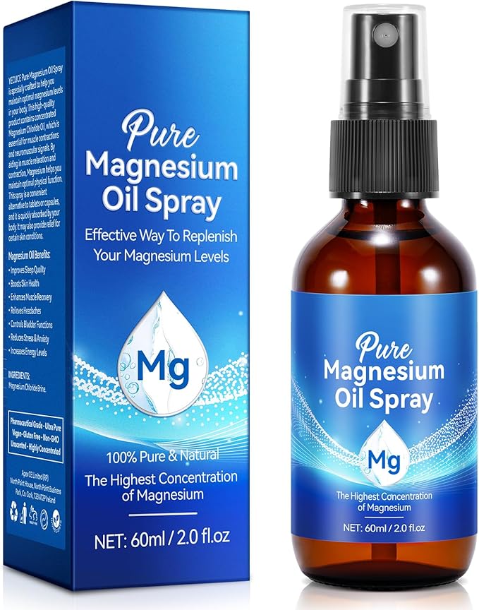 Pure Magnesium Oil Spray, 100% Pure & Natural Magnesium Oil, Organic Topical Magnesium Spray Glass Bottle,Magnesium Oil for Feet,Magnesium Spray Oil, 2 fl oz