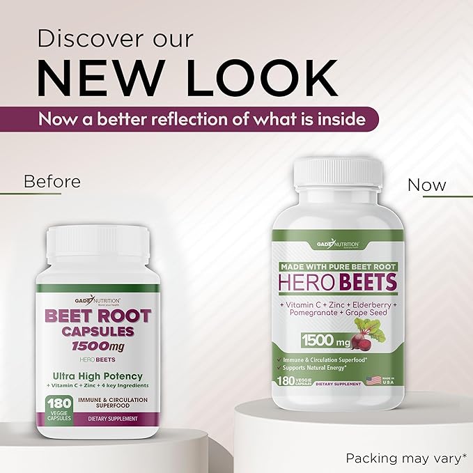 Gade Nutrition Hero Beets - Beet Root Capsules 1500mg - Organic Beet Root Powder + Vitamin C Zinc, Elderberry, Pomegranate, Grape Seed Extract - 3 Months Supply
