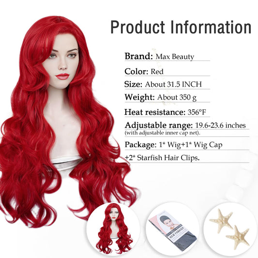 LABEAUT   Max Beauty Red Mermaid Wigs with Starfish Hair Clips, Curly Long Hair Daily Wig Heat Resistant Synthetic Fiber for Hal