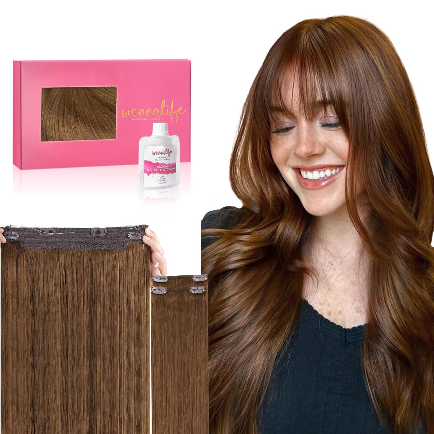 Wennalife Wire Hair Extensions (Increase 50% Lifespan) Real Human Hair 14 Inch 105G Light Auburn Brown Remy Real Hair Extensions
