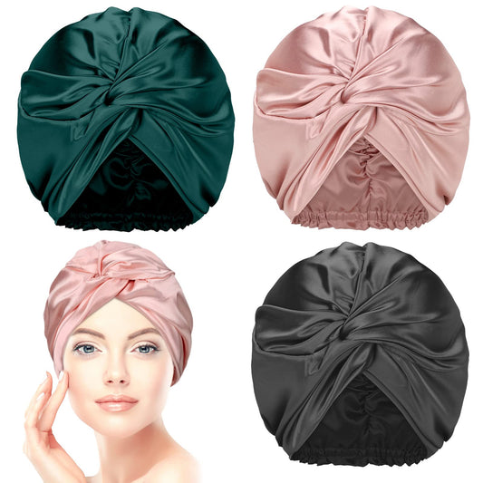 3 Pieces Silk Hair Wrap For Sleeping Women Bonnet Silk Sleeping Bonnet Elastic Hair Care Sleep Cap For Natural Curly Hair (Black