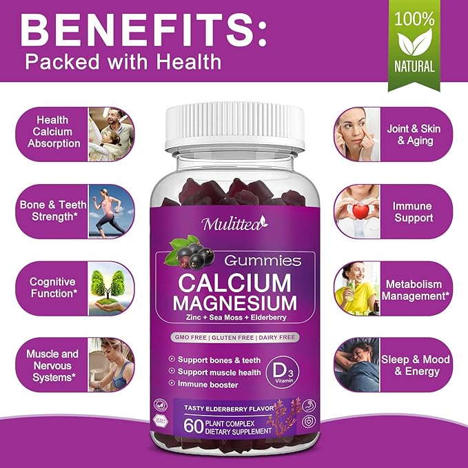 Calcium Magnesium Zinc Gummies with High Absorption Magnesium Glycinate 200mg, Potassium -Plant Calcium Supplement w/ D3 & Sea Moss for Bone, Muscles, Calm Mood & Sleep Support- Kids & adults (1 Pack)