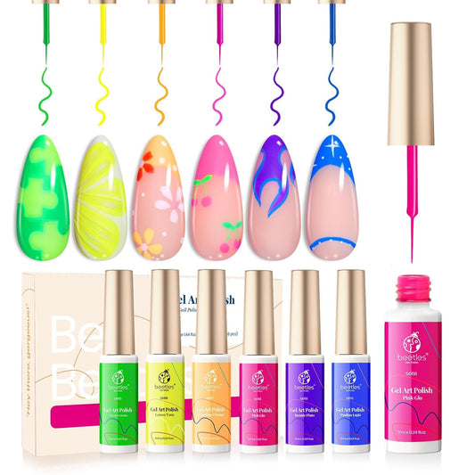 Beetles Nail Art Gel Liner Nail Polish Set - 6 Neon Gel Nail Polish Colors Hot Pink Orange Blue Yellow Paint For Nails Built Thi