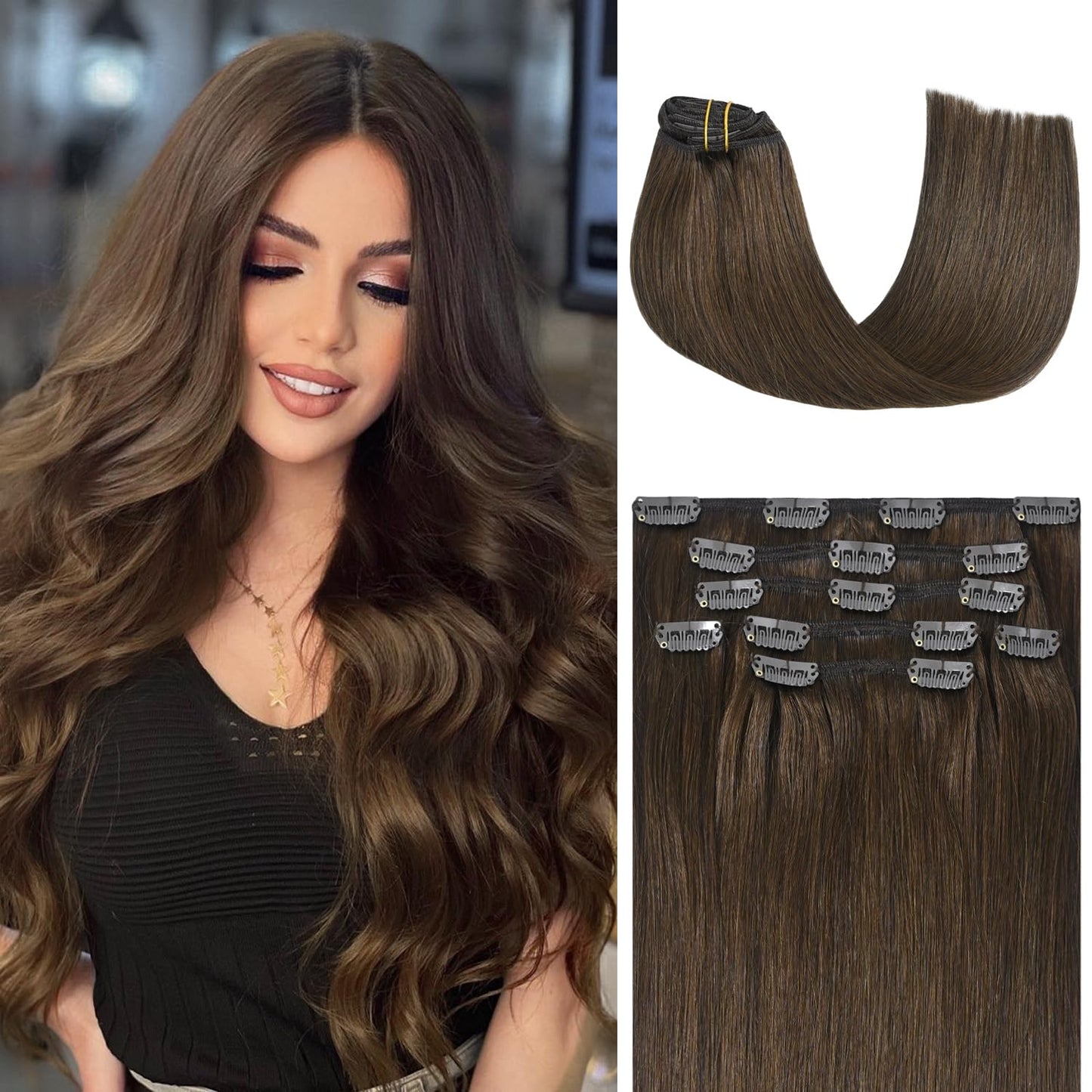 Honsoo Medium Brown Clip In Hair Extensions Real Human Hair 70G 7Pcs 12Inch Short 100% Remy Human Hair Seamless Clips Soft Hair