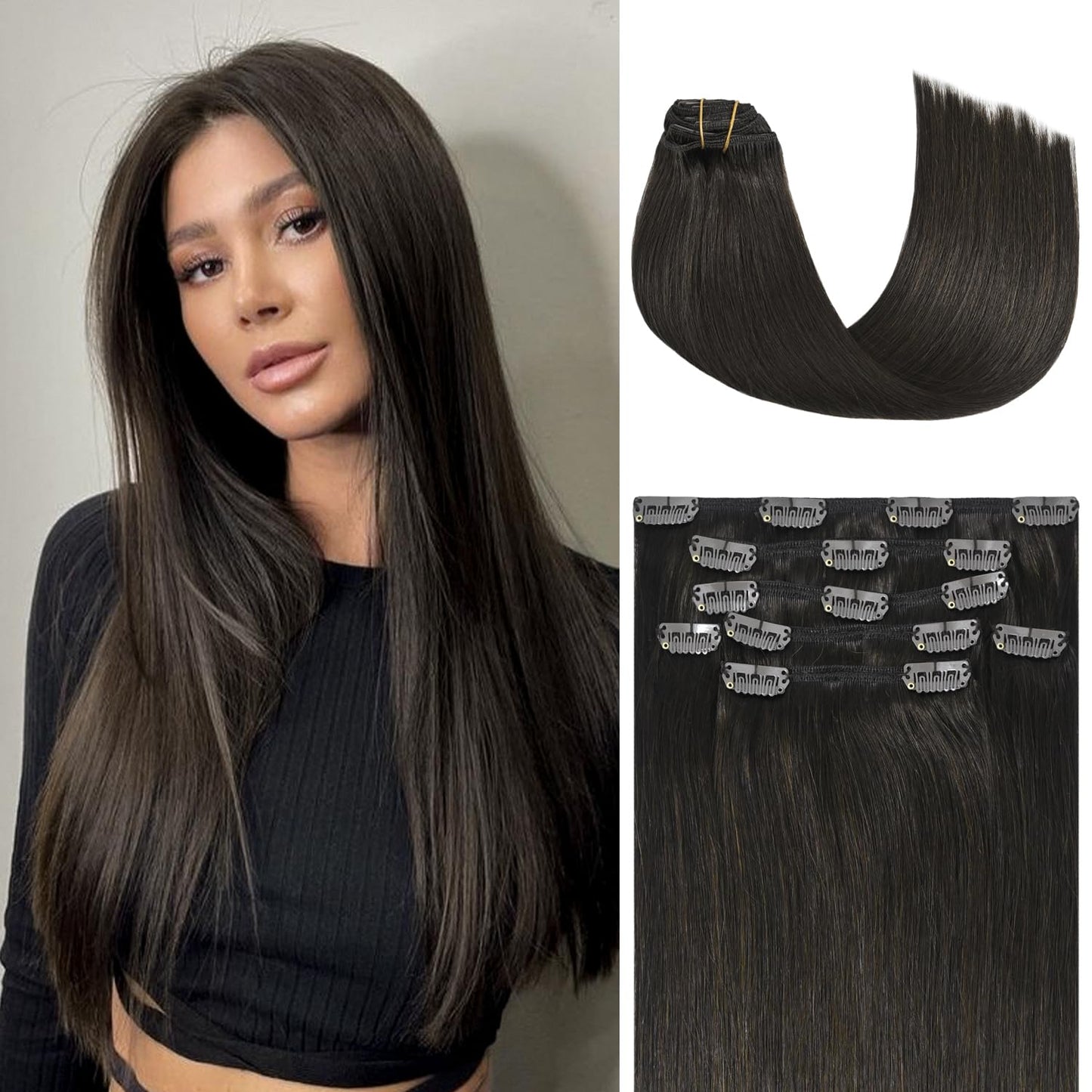 Honsoo Remy Clip In Hair Extensions Dark Brown 70G 7Pcs 22Inch Real Human Hair Clip In Straight Real Hair Extensions Soft Natura
