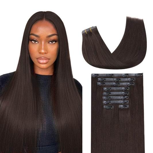 Lashey Seamless Clip In Hair Extensions Human Hair 130G 9Pcs #2 Dark Brown Straight 16 Inch Clip In Hair Extensions For Women Ha