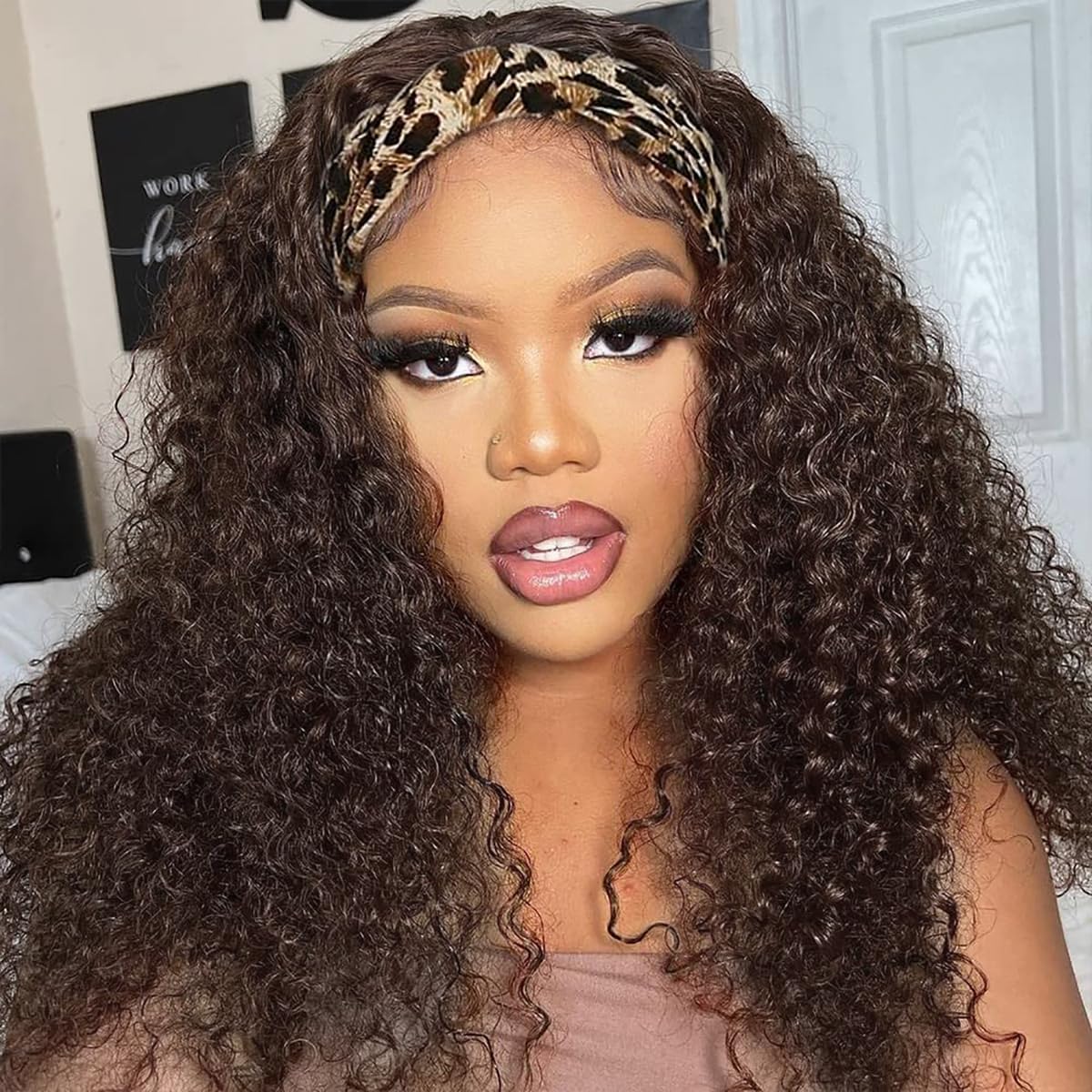 Celiarita Headband Wig Human Hair Deep Wave #4 Chocolate Brown Colored Machine Made None Lace Front Wigs Brazilian Virgin Deep C